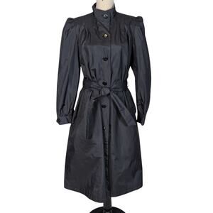 Vintage 1980s J Gallery Black Belted Trench Coat Dress Puff Sleeve